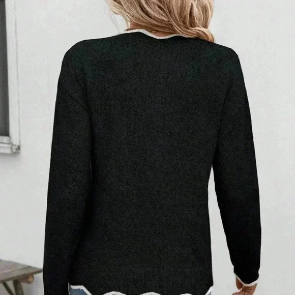 Black Casual Women's Color Block V-Neck Long Sleeve Loose Sweater - Picture 2 of 6